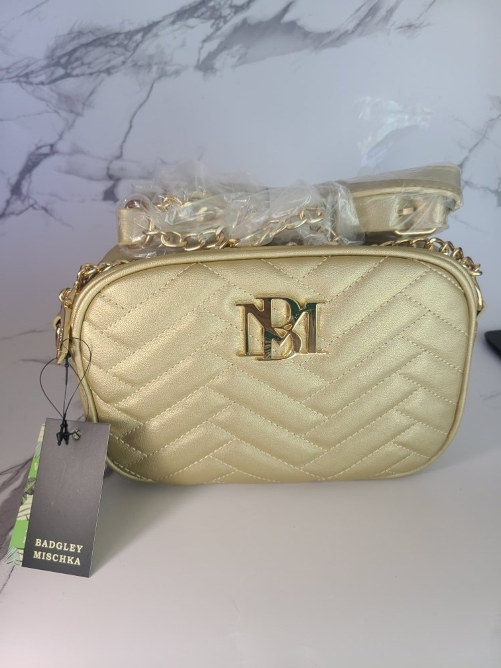 Badgley Mischka Metallic Gold Quilted Camera Crossbody